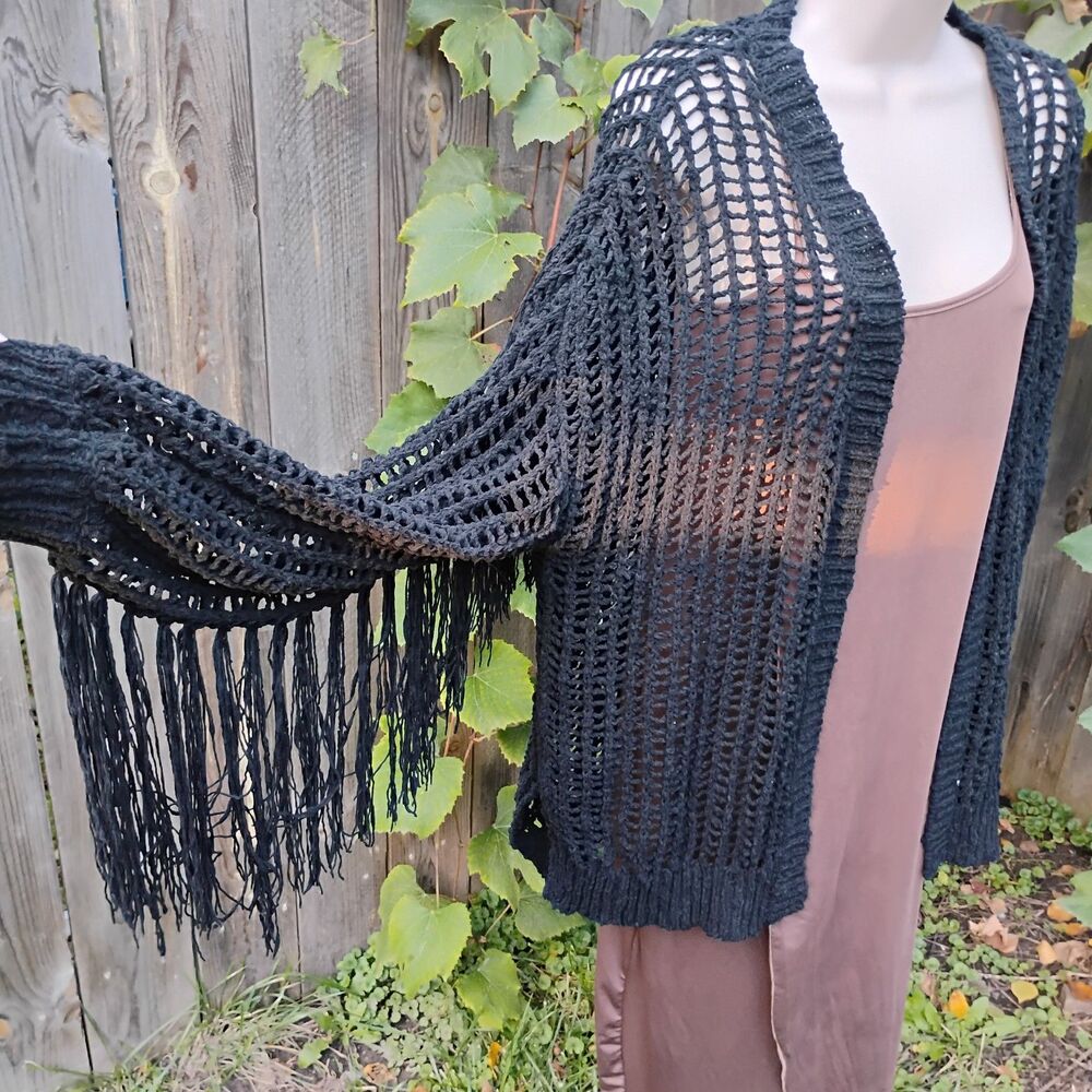 Peach Love Black Open Stitch Fringe Cardigan Oversized Small Buckle Whimsygoth